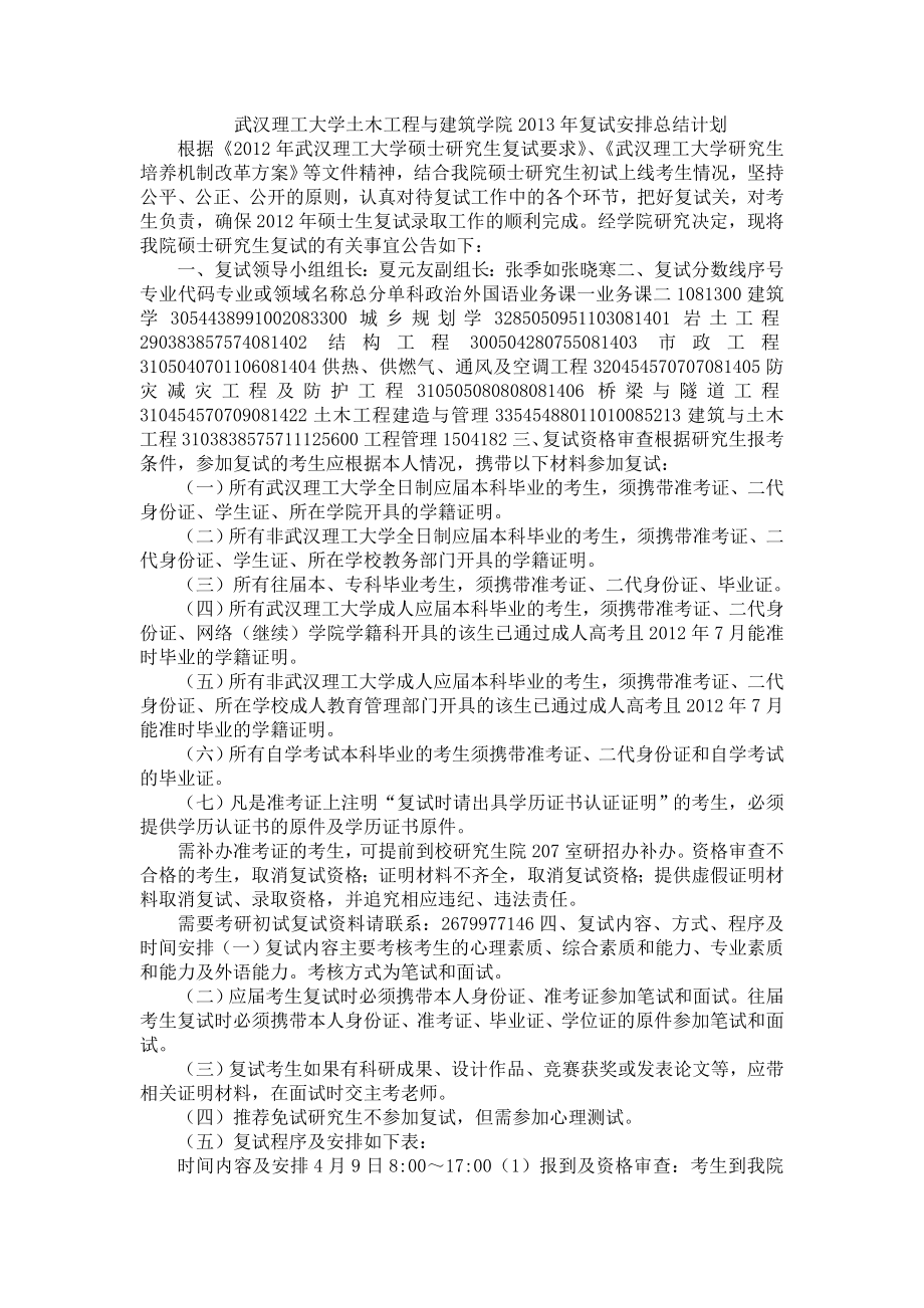 武汉理工大学土木工程与建筑学院复试安排总结计划.doc_第1页