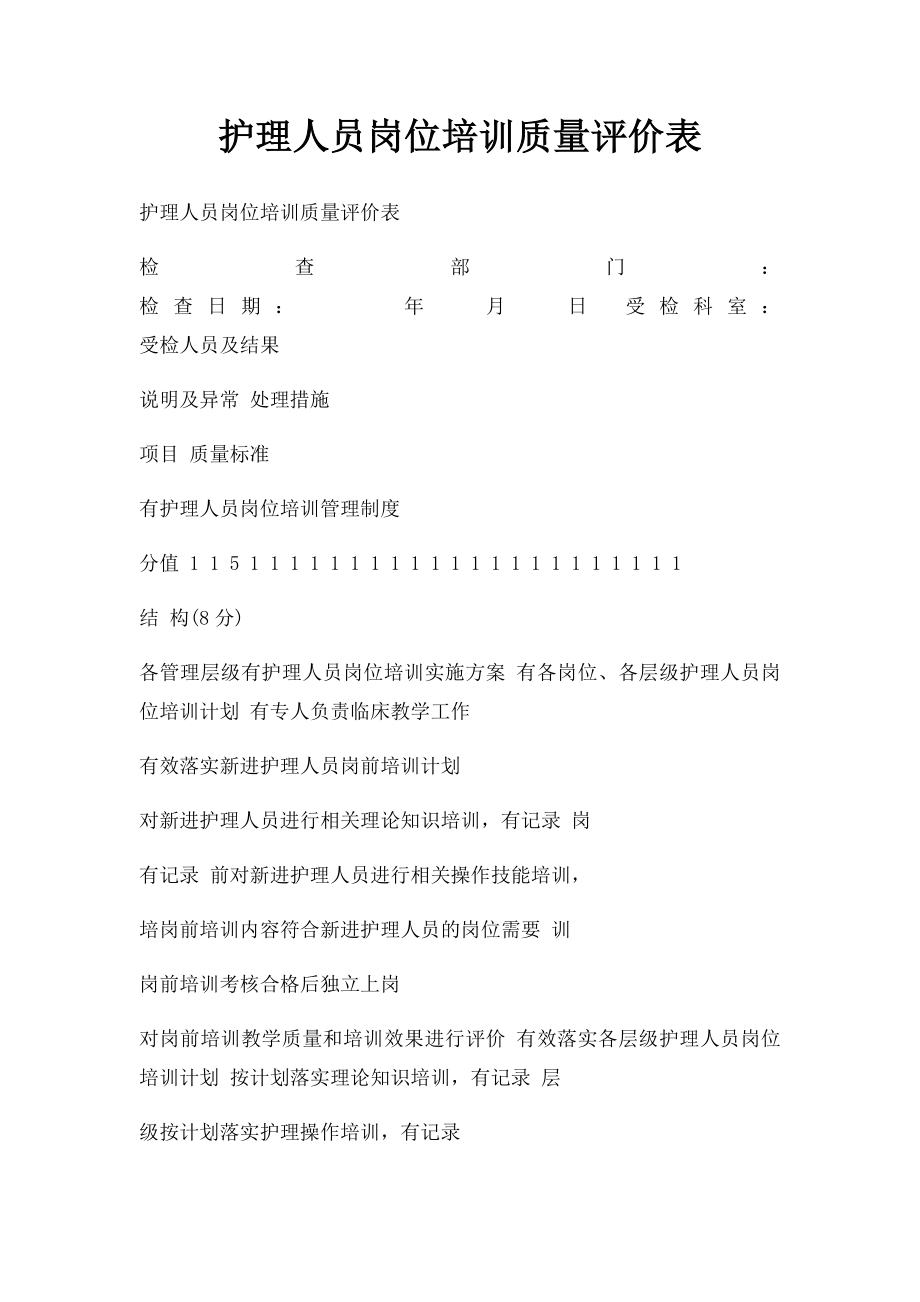 护理人员岗位培训质量评价表.docx_第1页