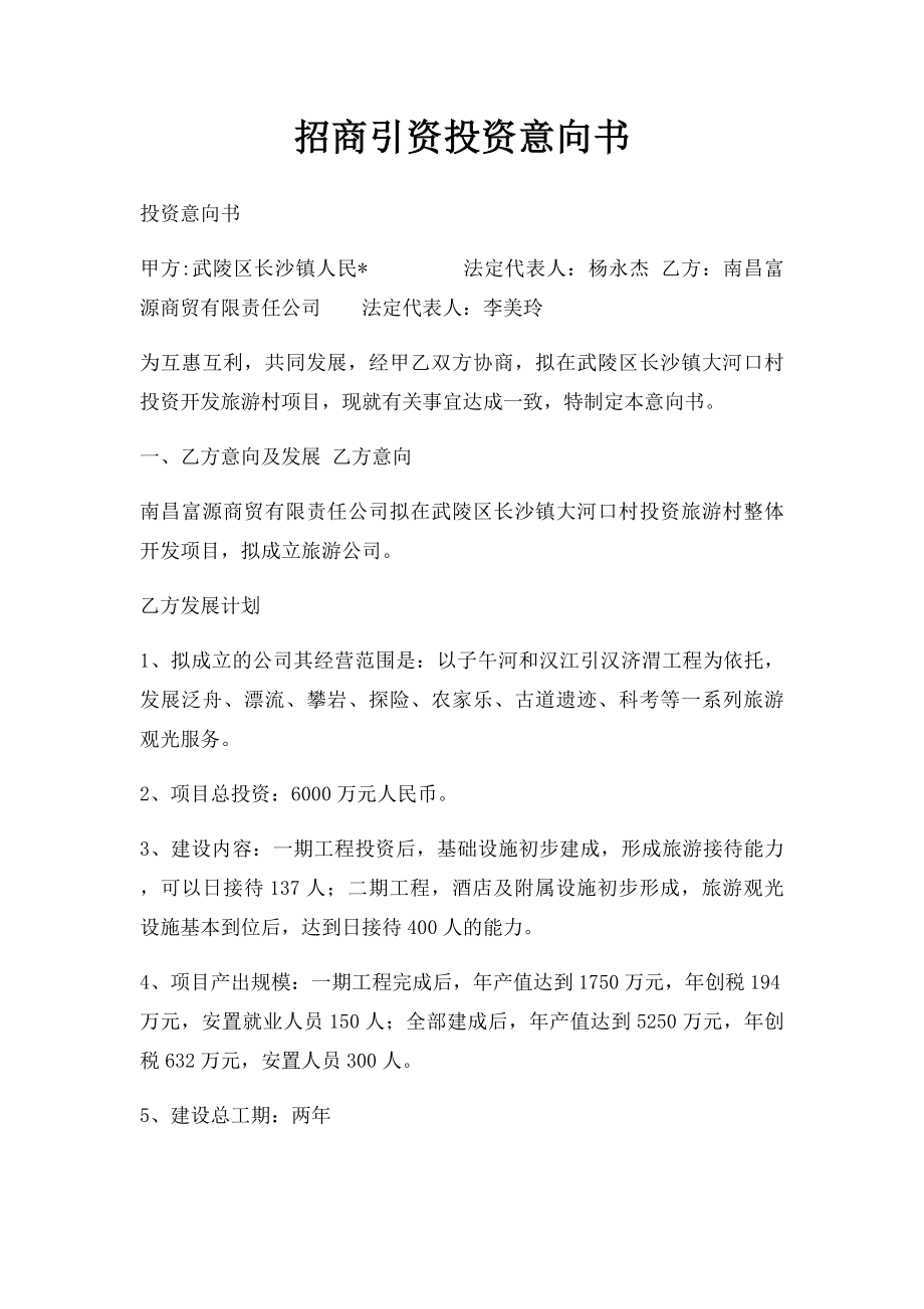 招商引资投资意向书.docx_第1页