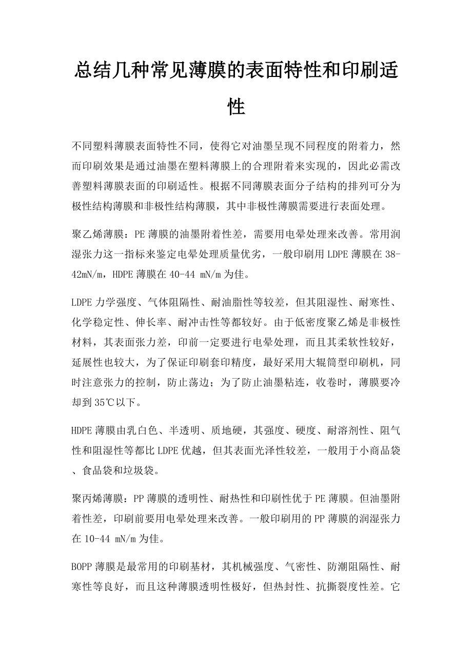 总结几种常见薄膜的表面特性和印刷适性.docx_第1页