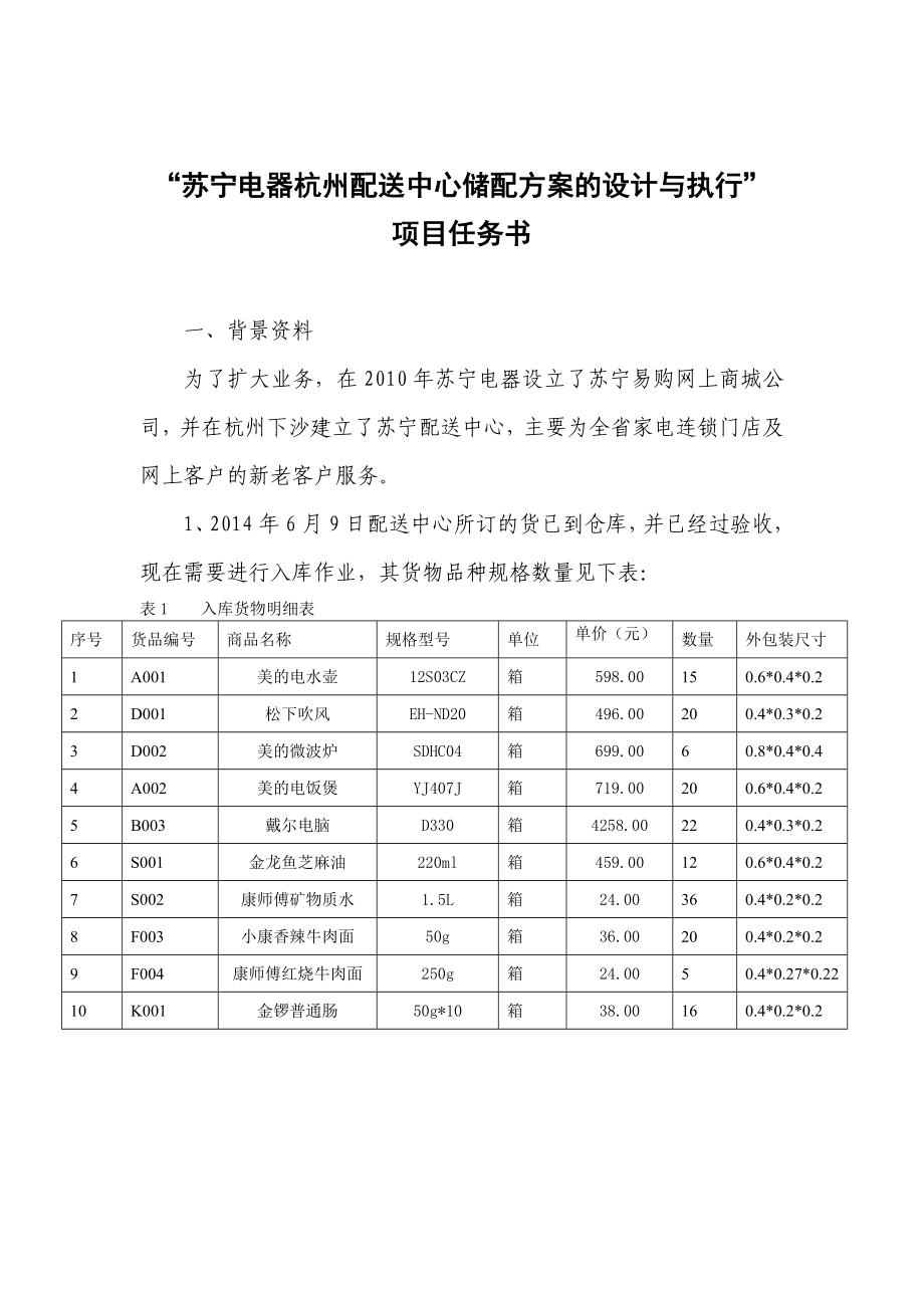 苏宁电器杭州配送中心储配方案的设计任务书.doc_第1页