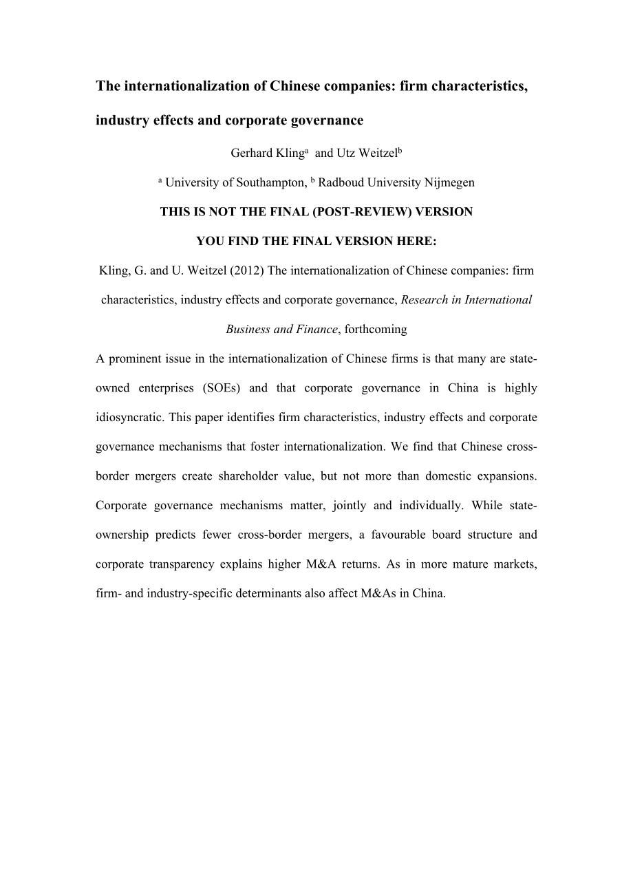 The internationalization of Chinese companies firm characteristics, industry effects and corporate governance.doc_第1页