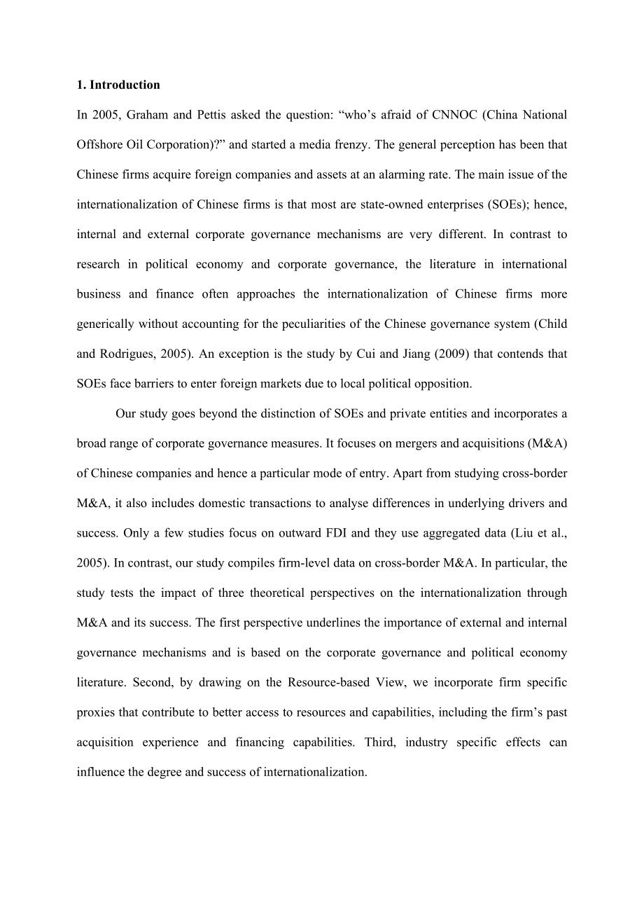 The internationalization of Chinese companies firm characteristics, industry effects and corporate governance.doc_第2页