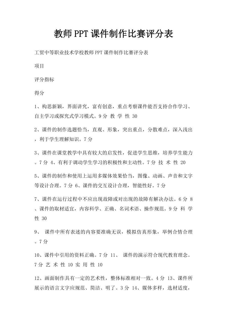 教师PPT课件制作比赛评分表(1).docx_第1页