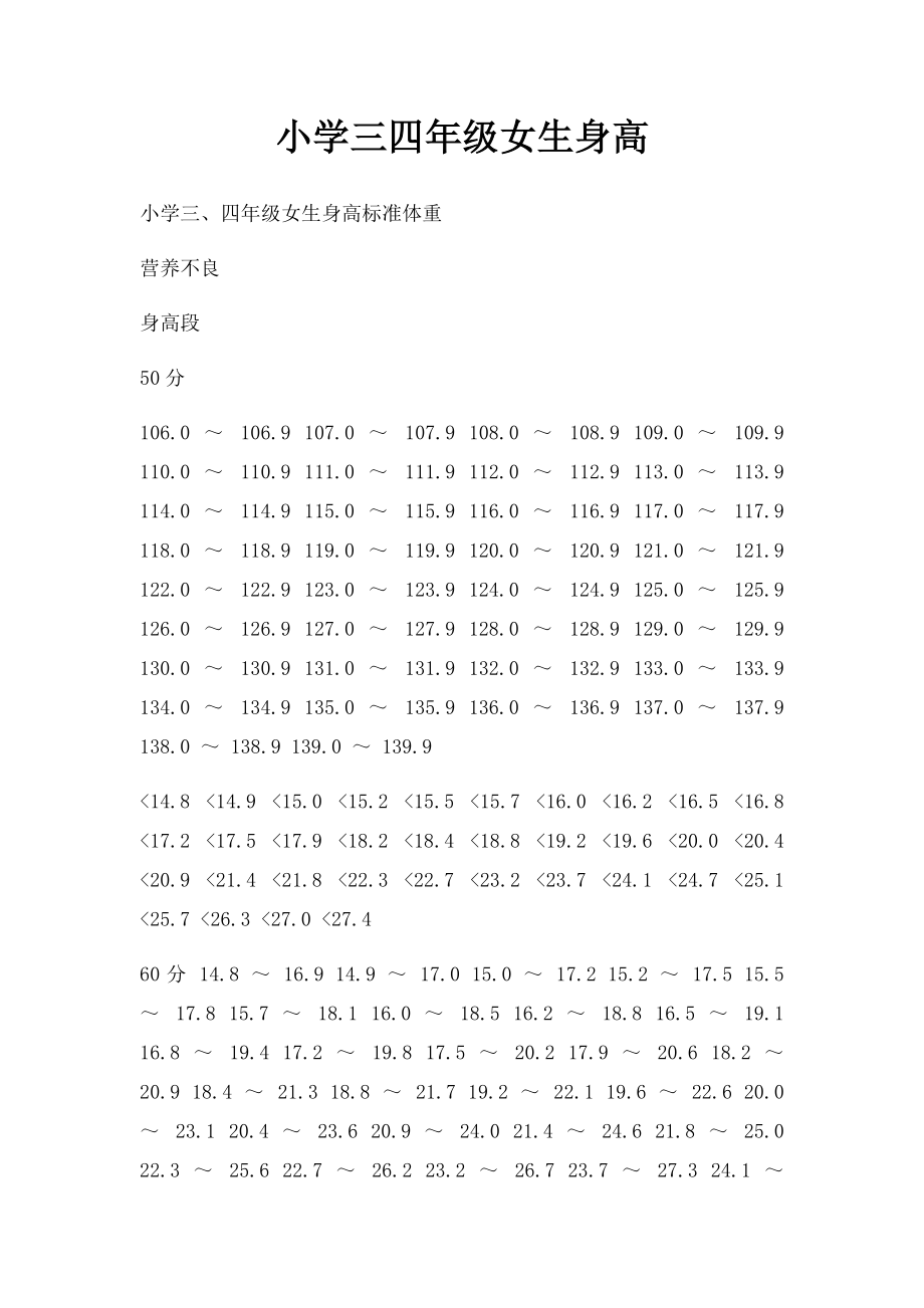 小学三四年级女生身高.docx_第1页