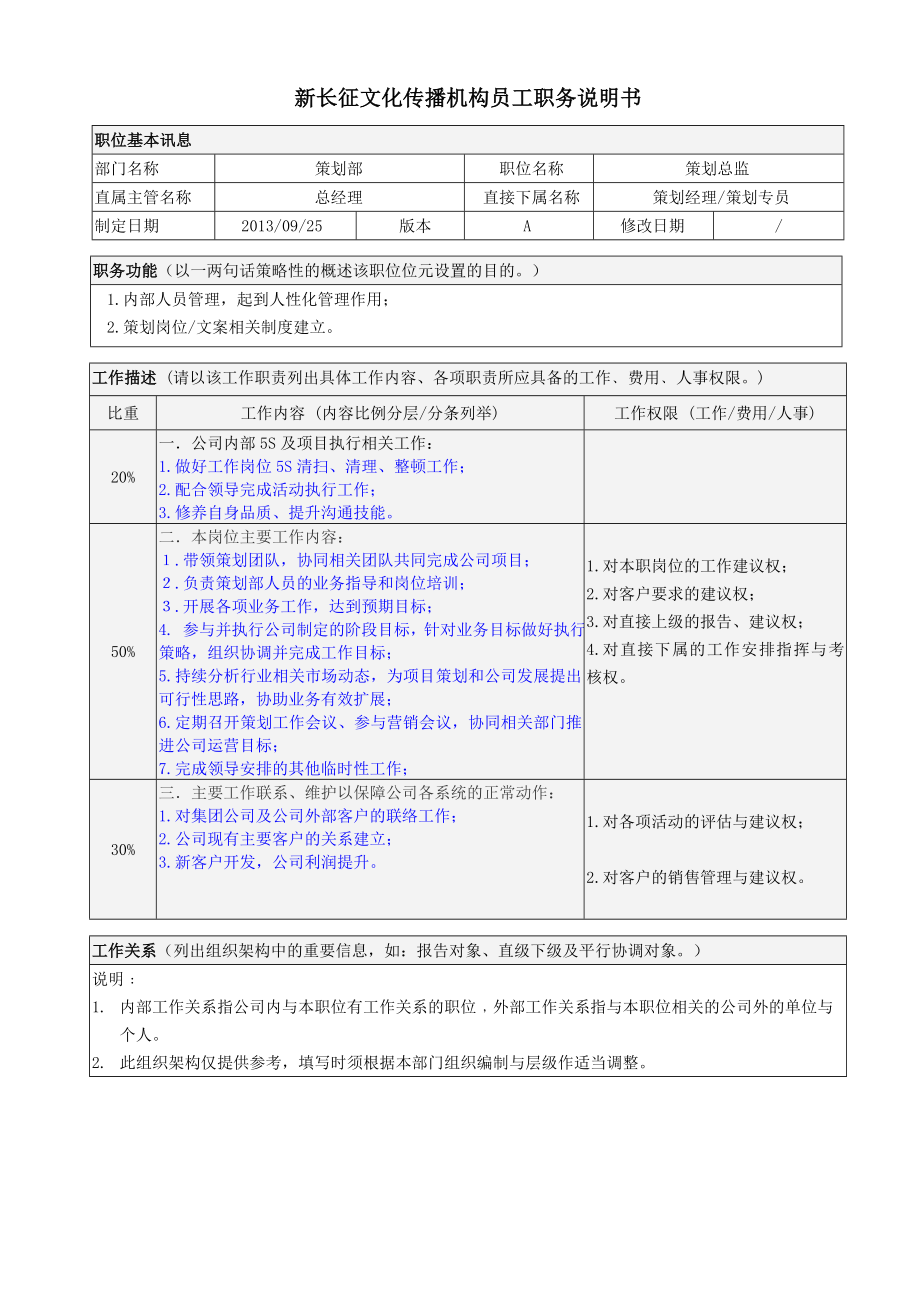 策划总监职务说明书文化传播机构员工职务说明书.doc_第1页