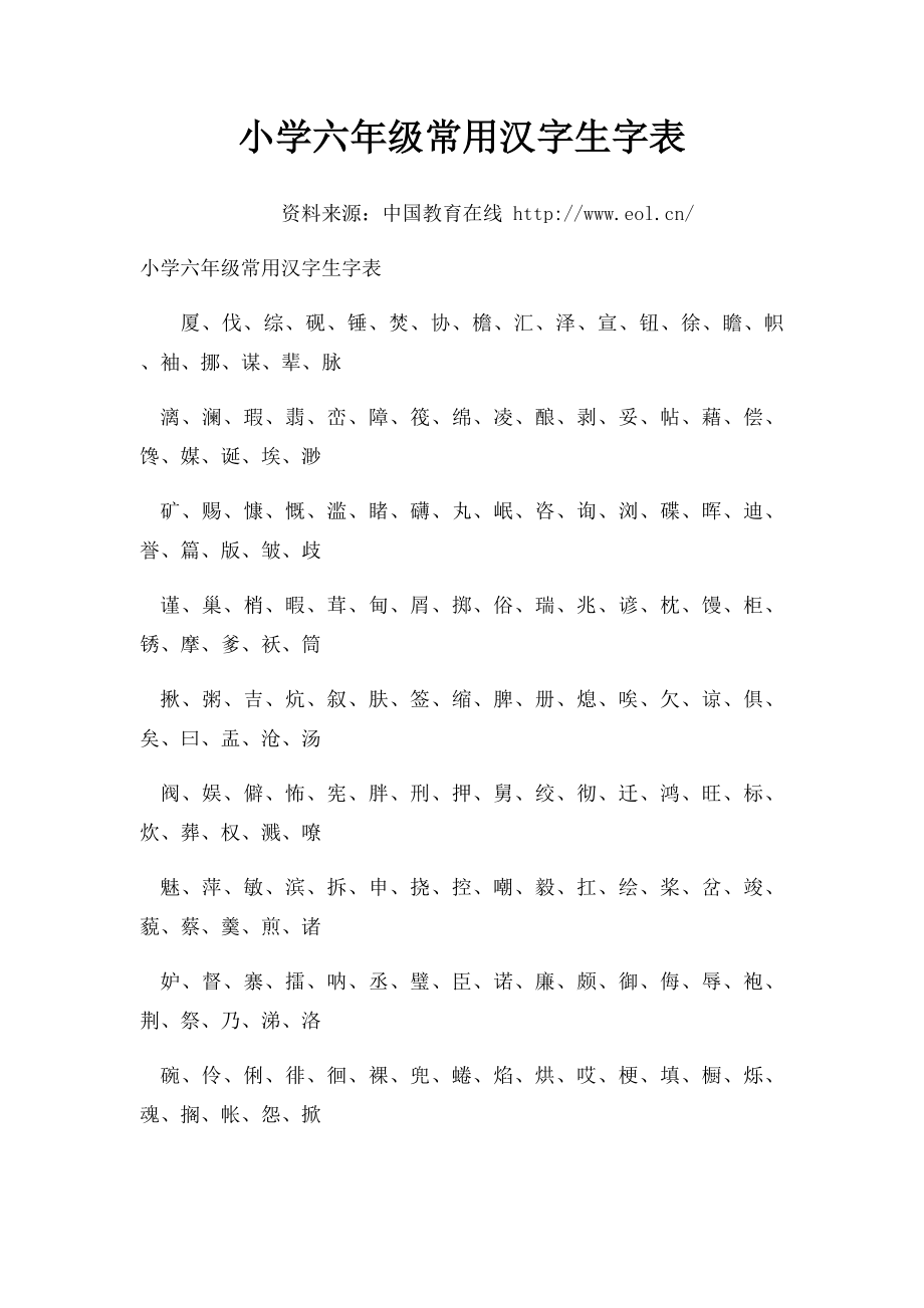 小学六年级常用汉字生字表.docx_第1页