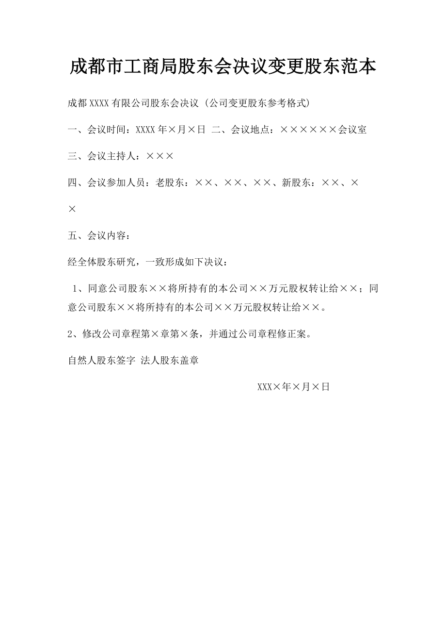 成都市工商局股东会决议变更股东范本.docx_第1页