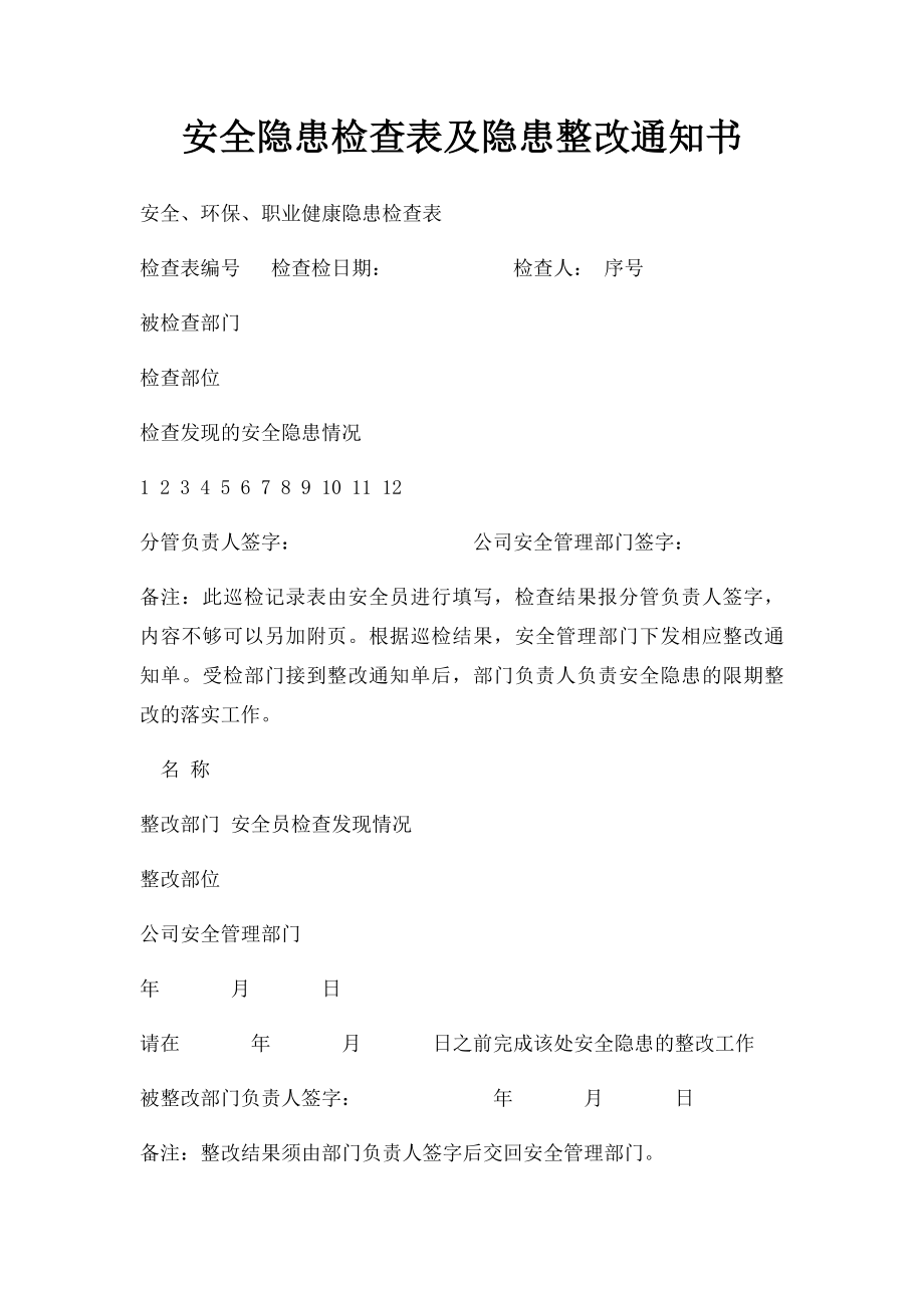 安全隐患检查表及隐患整改通知书.docx_第1页