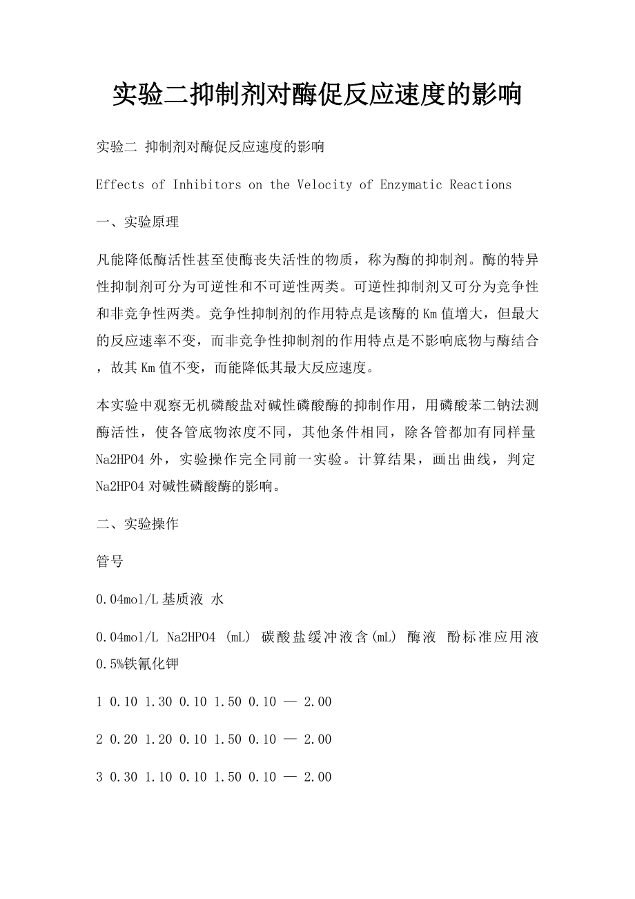 实验二抑制剂对酶促反应速度的影响 .docx_第1页