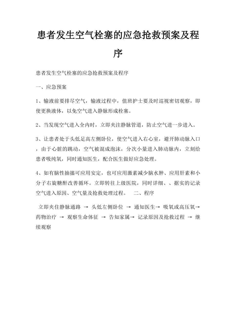 患者发生空气栓塞的应急抢救预案及程序.docx_第1页