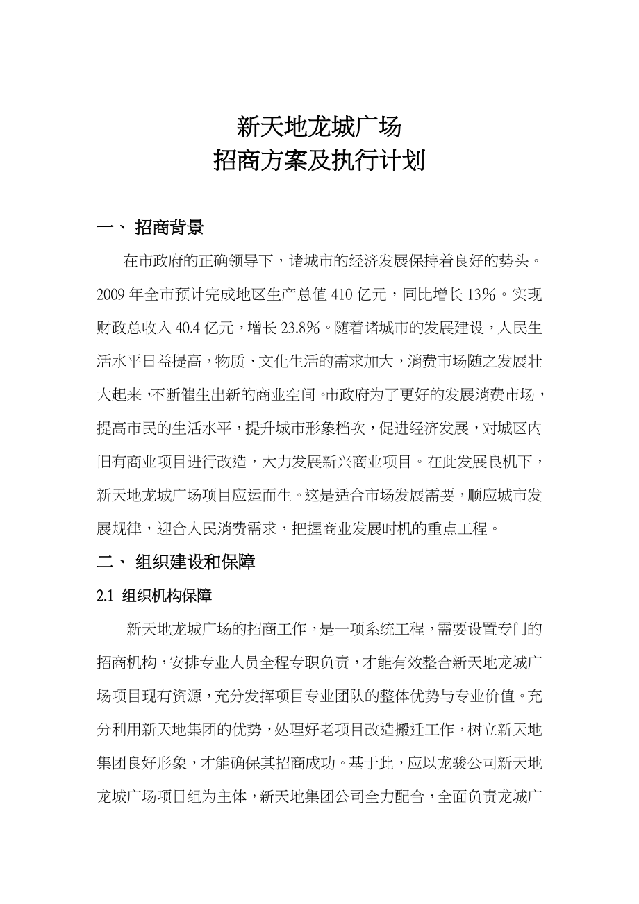 山东潍坊新天地龙城广场招商方案及执行计划(36页).doc_第1页