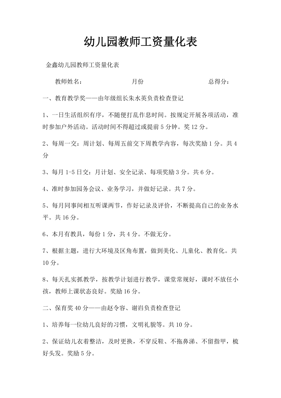 幼儿园教师工资量化表.docx_第1页