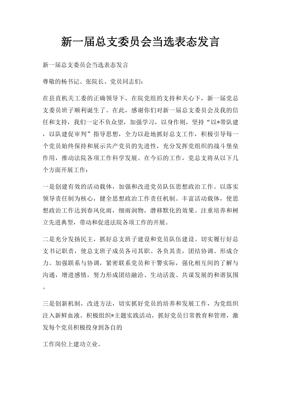 新一届总支委员会当选表态发言.docx_第1页