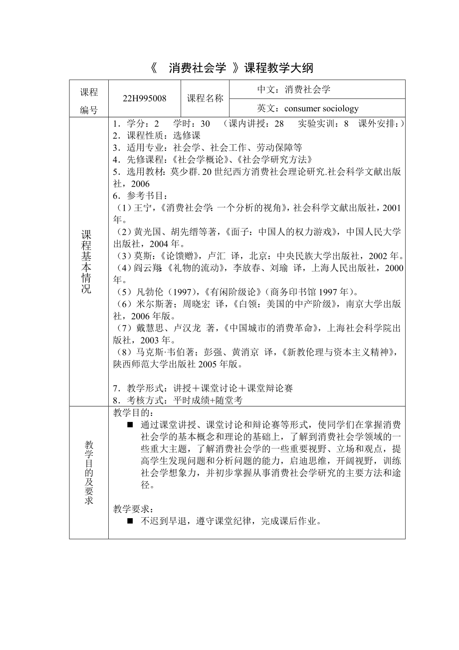 493《 消费社会学 》课程教学大纲.doc_第1页