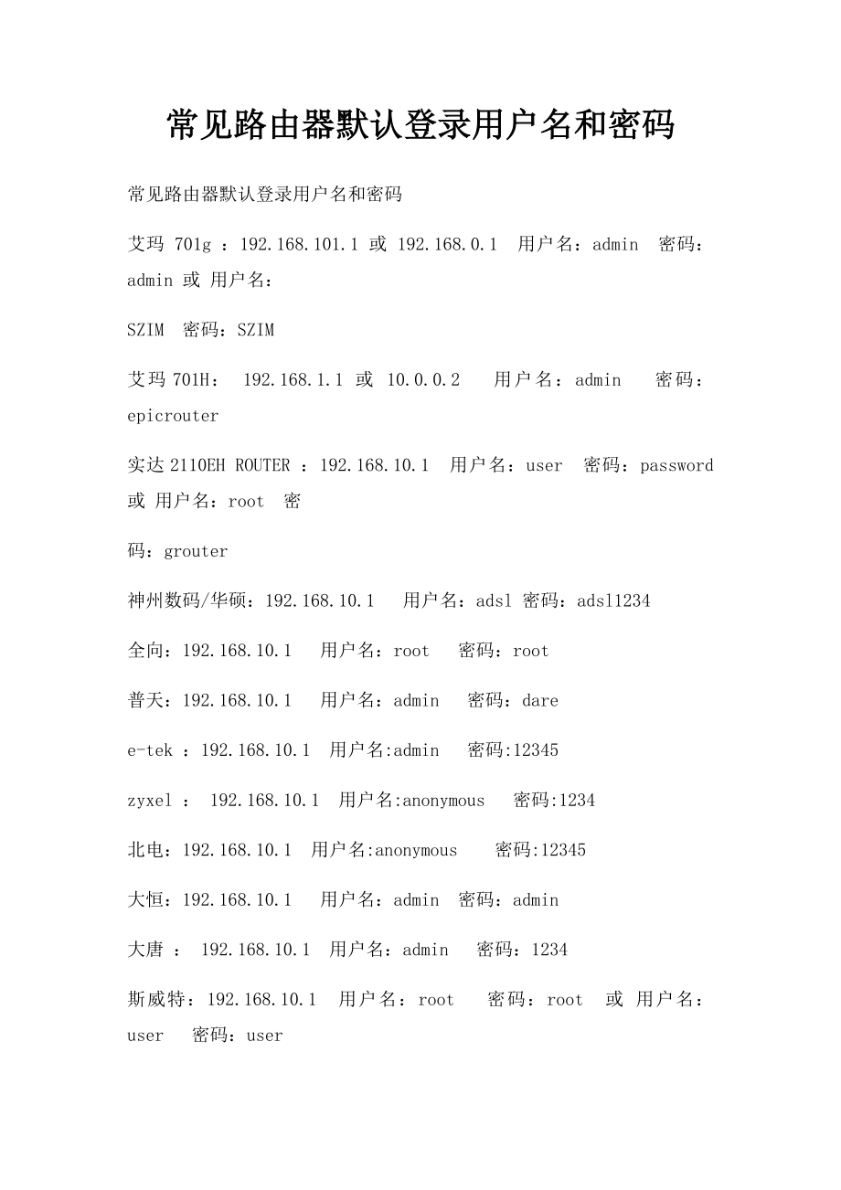 常见路由器默认登录用户名和密码.docx_第1页