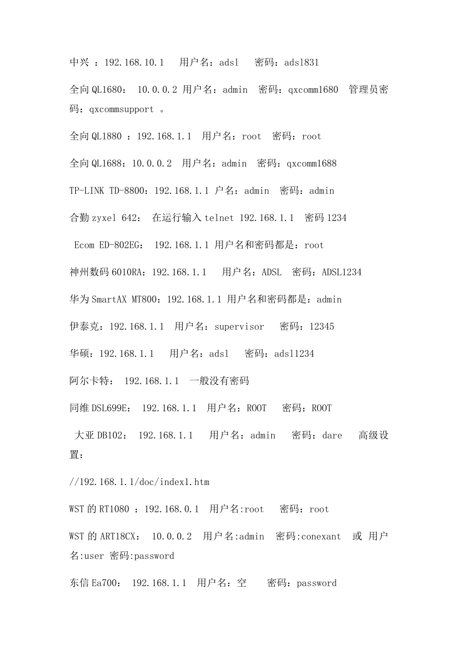 常见路由器默认登录用户名和密码.docx_第2页