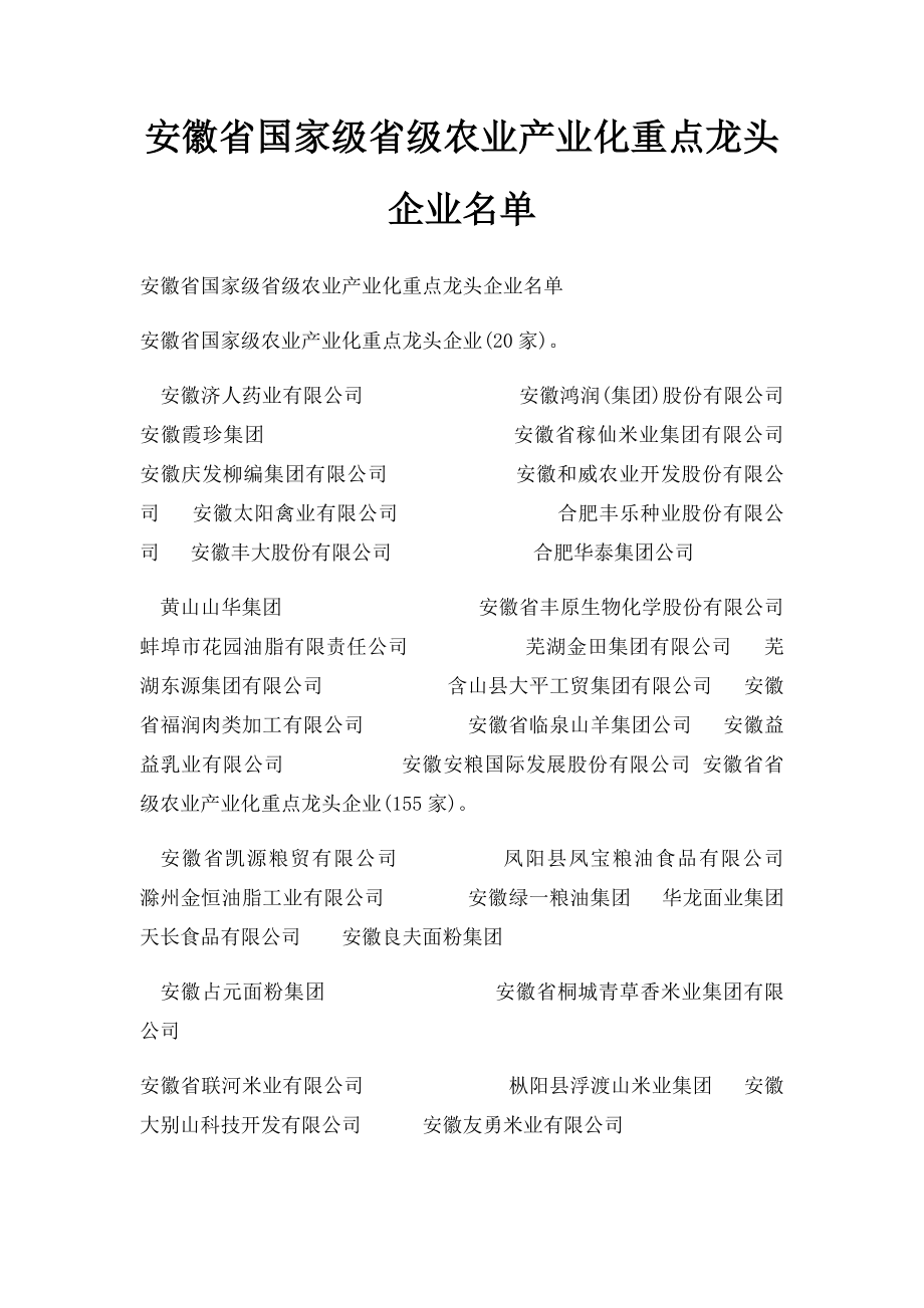 安徽省国家级省级农业产业化重点龙头企业名单.docx_第1页