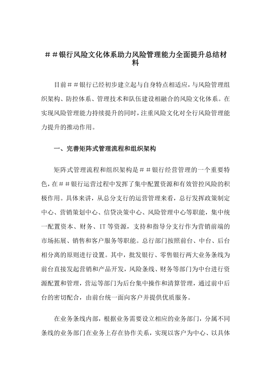 银行风险文化体系助力风险管理能力全面提升总结材料.doc_第1页