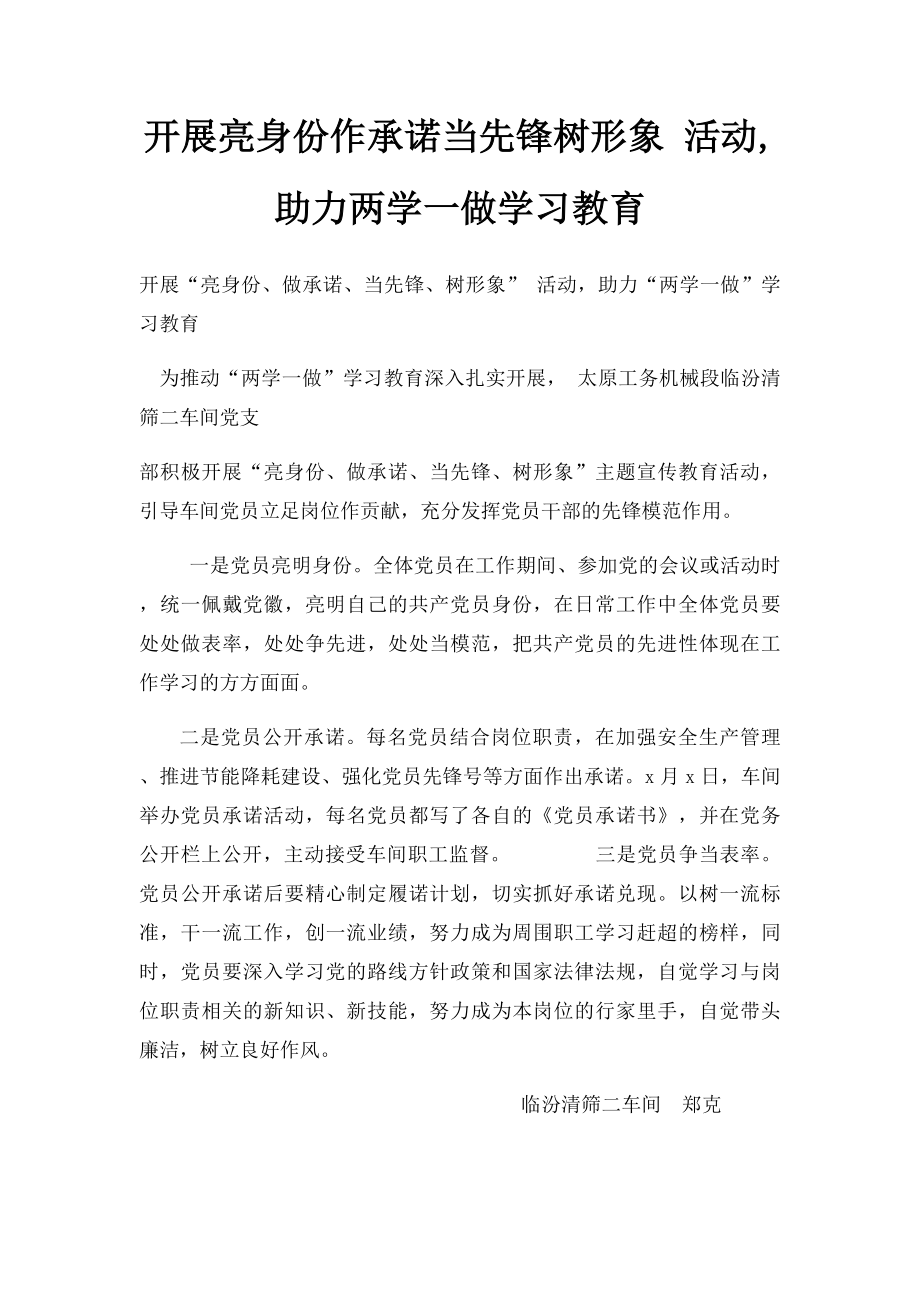 开展亮身份作承诺当先锋树形象 活动,助力两学一做学习教育.docx_第1页