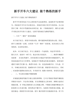 新手开车六大建议 做个熟练的新手.docx