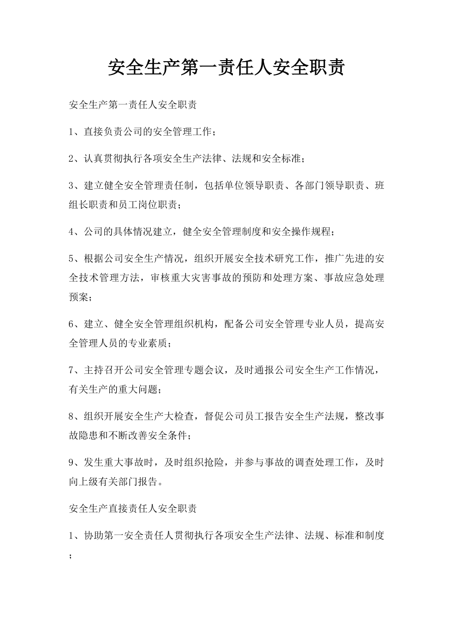 安全生产第一责任人安全职责.docx_第1页