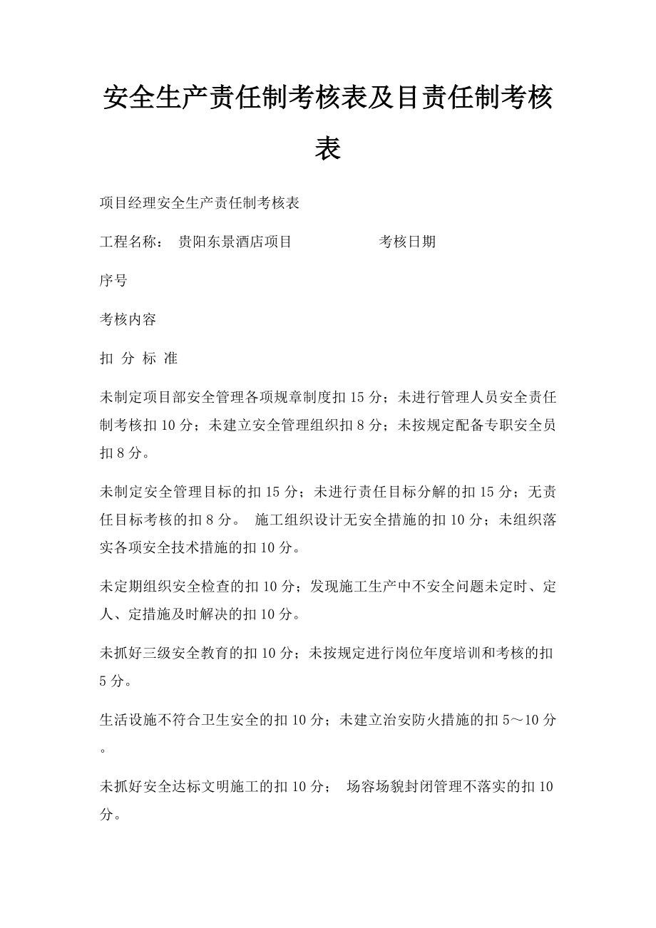 安全生产责任制考核表及目责任制考核表(1).docx_第1页