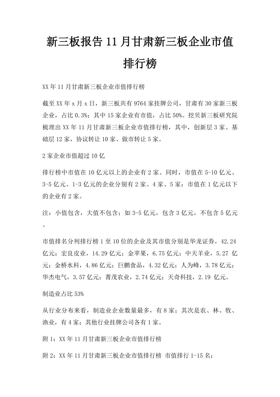 新三板报告11月甘肃新三板企业市值排行榜.docx_第1页