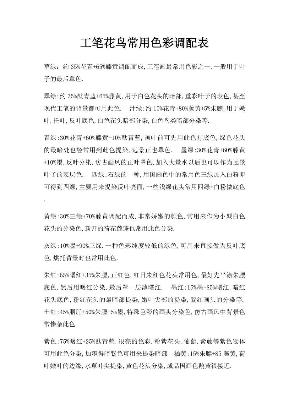 工笔花鸟常用色彩调配表.docx_第1页