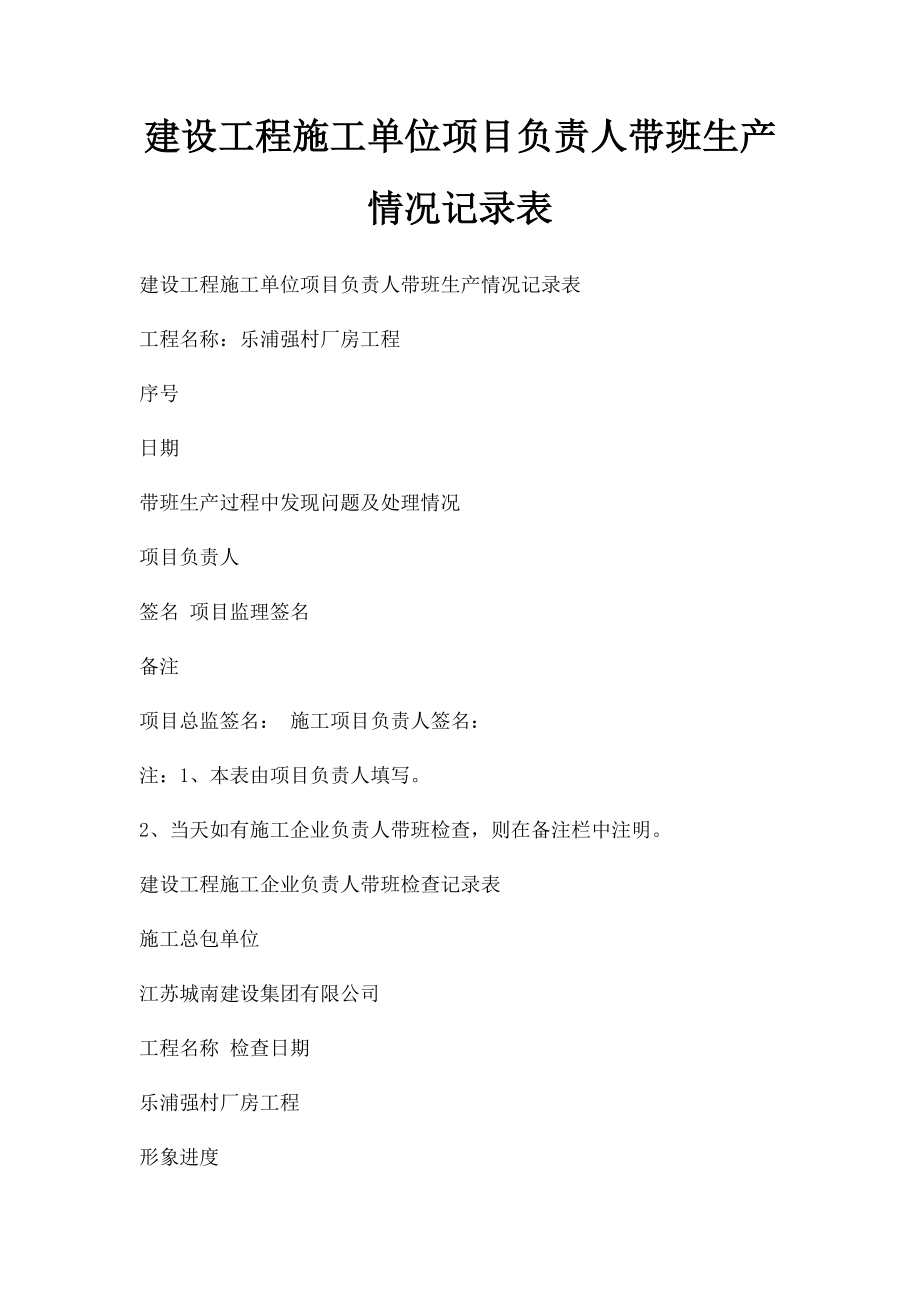 建设工程施工单位项目负责人带班生产情况记录表(1).docx_第1页