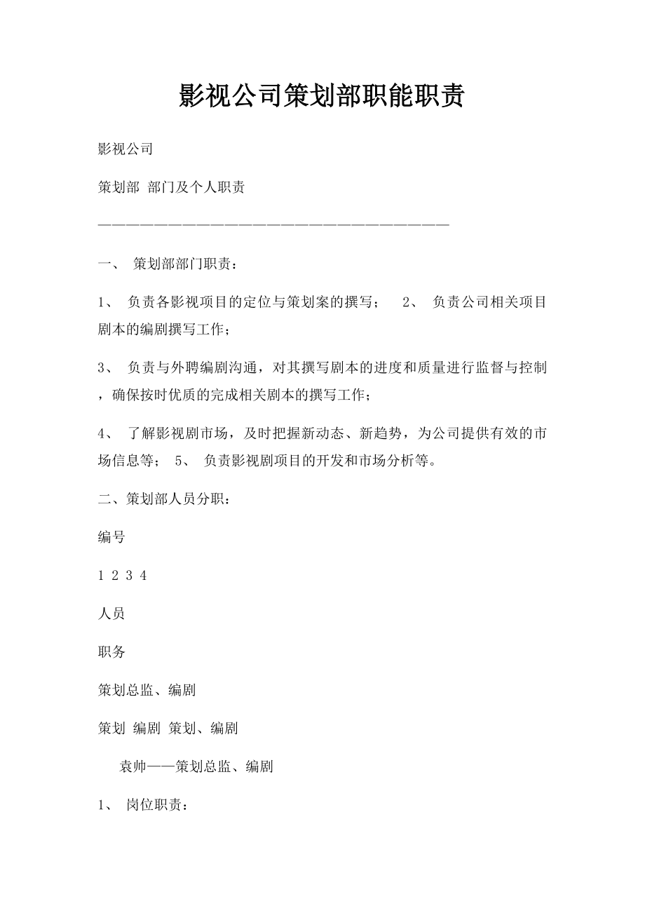 影视公司策划部职能职责.docx_第1页