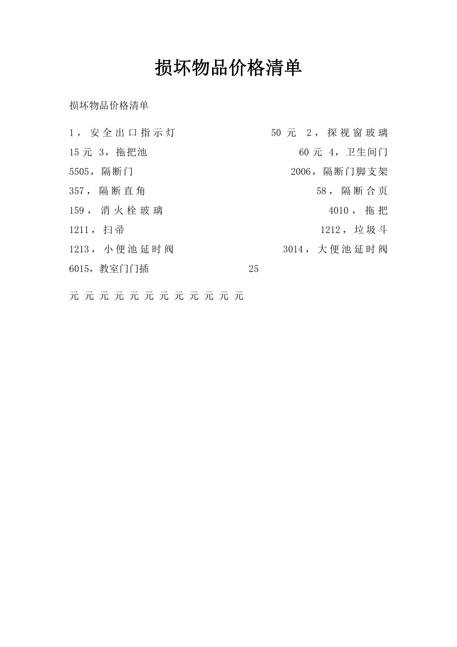 损坏物品价格清单.docx_第1页