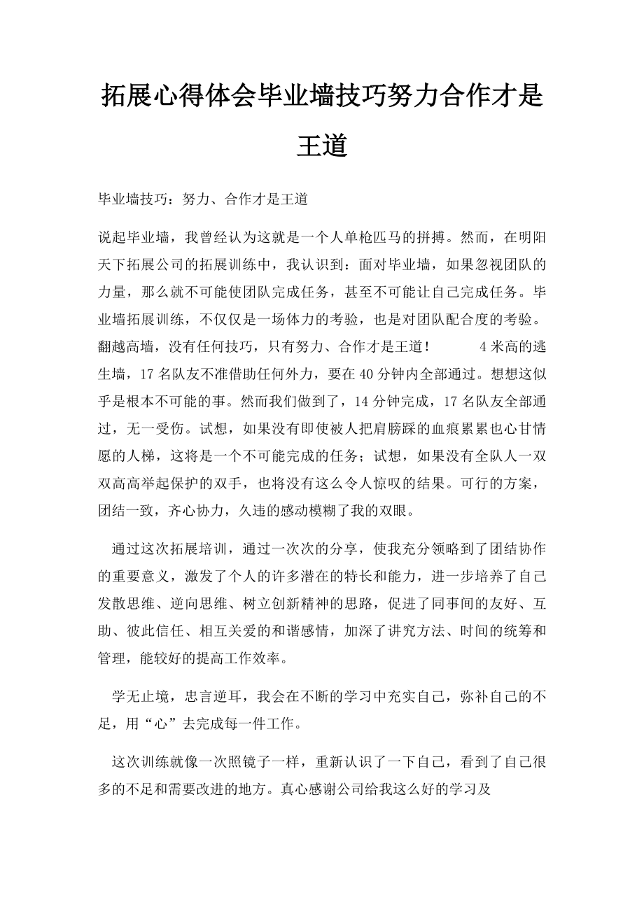 拓展心得体会毕业墙技巧努力合作才是王道.docx_第1页