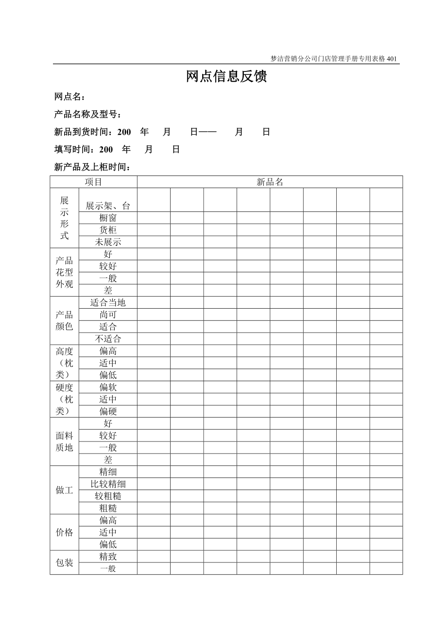 [下载]床上用品行业的终端培训资料门店管理手册新品信息表.doc_第1页