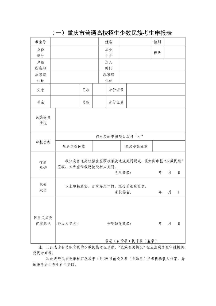 （一）重庆市普通高校招生少数民族考生申报表.doc_第1页