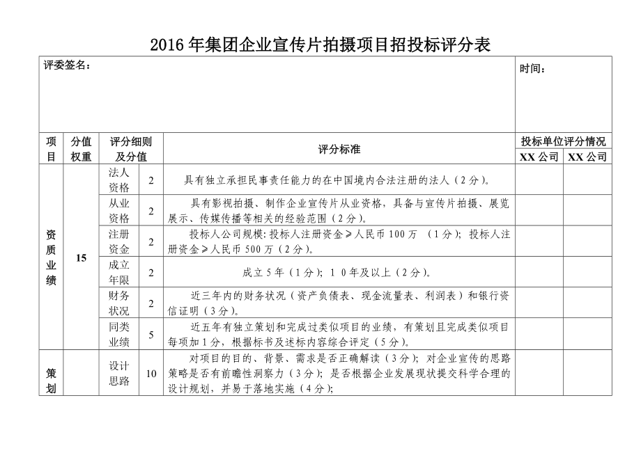 集团企业宣传片拍摄项目招投标评分表.doc_第1页