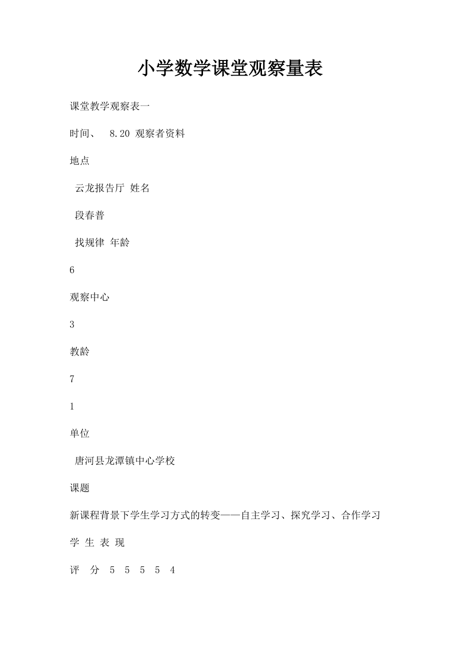 小学数学课堂观察量表.docx_第1页