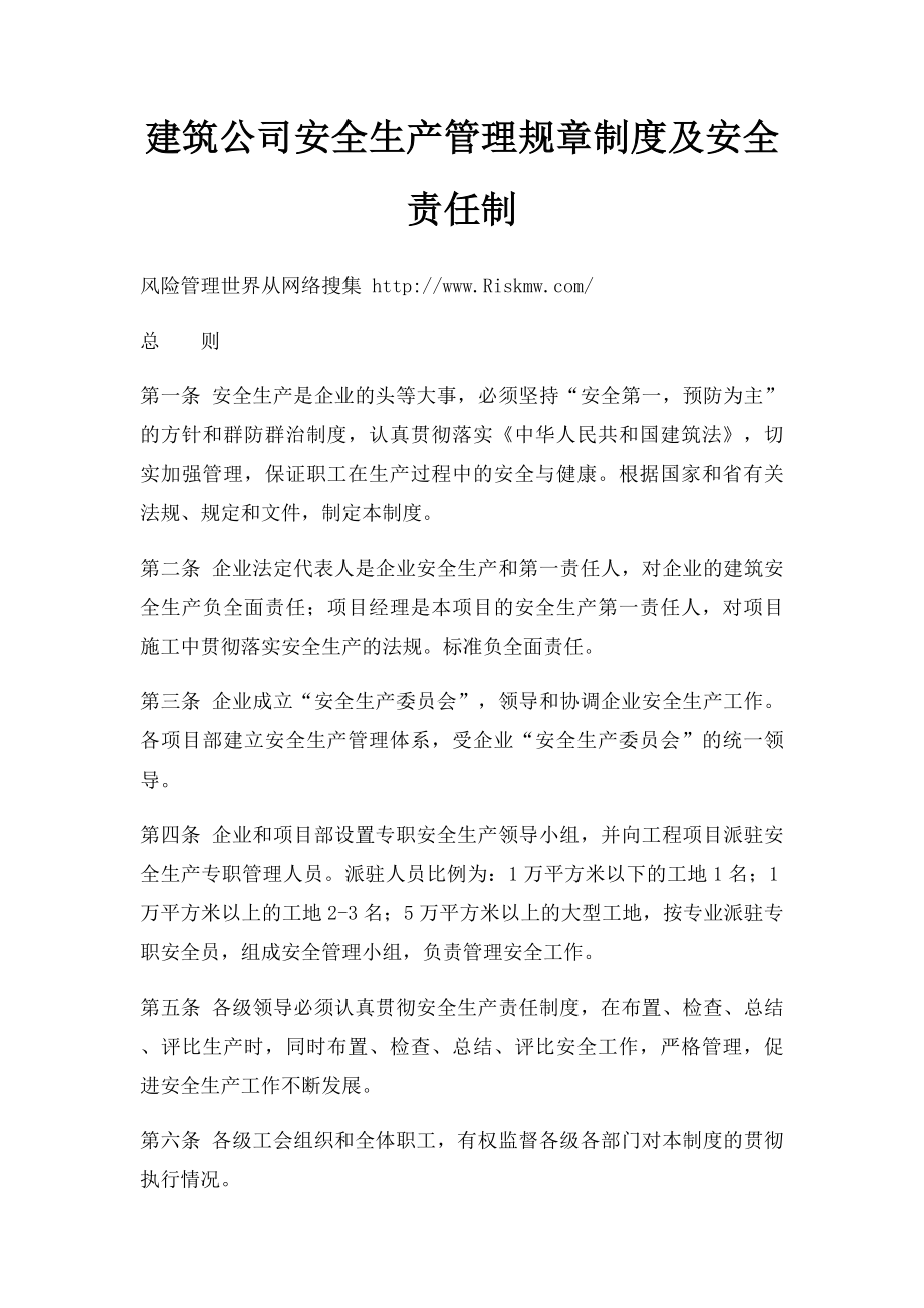 建筑公司安全生产管理规章制度及安全责任制.docx_第1页