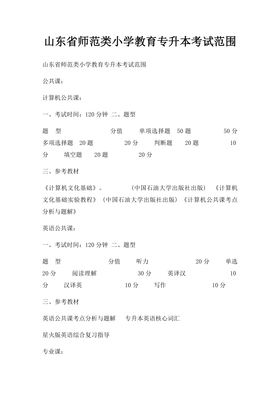 山东省师范类小学教育专升本考试范围.docx_第1页