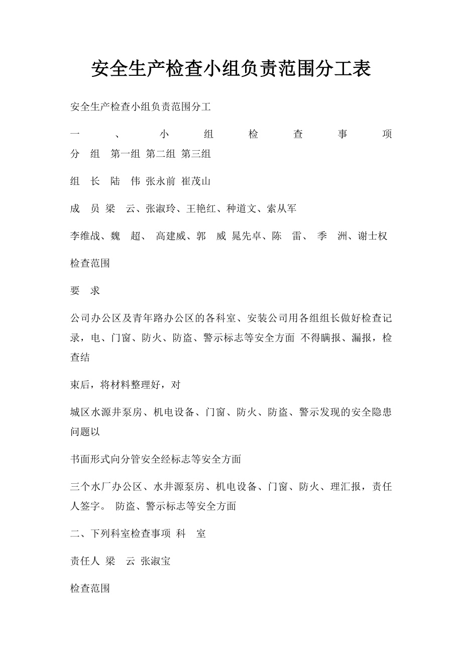 安全生产检查小组负责范围分工表.docx_第1页