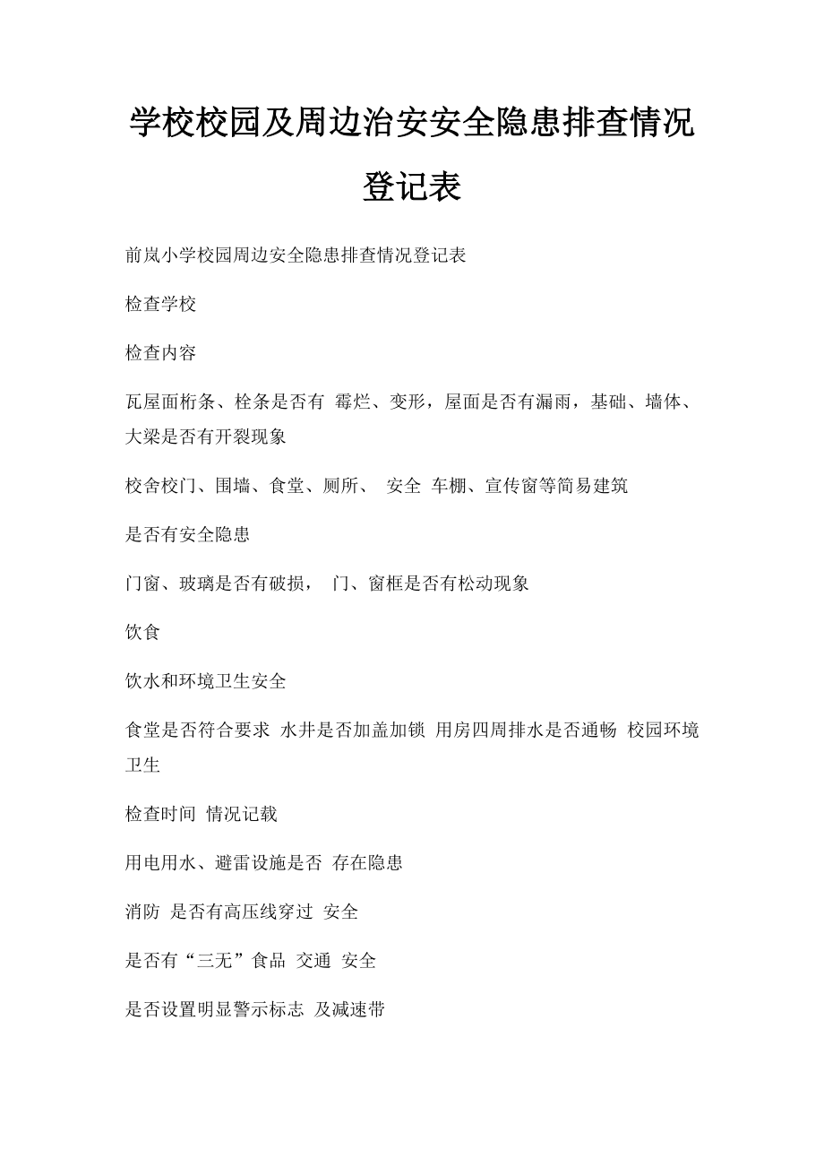 学校校园及周边治安安全隐患排查情况登记表.docx_第1页