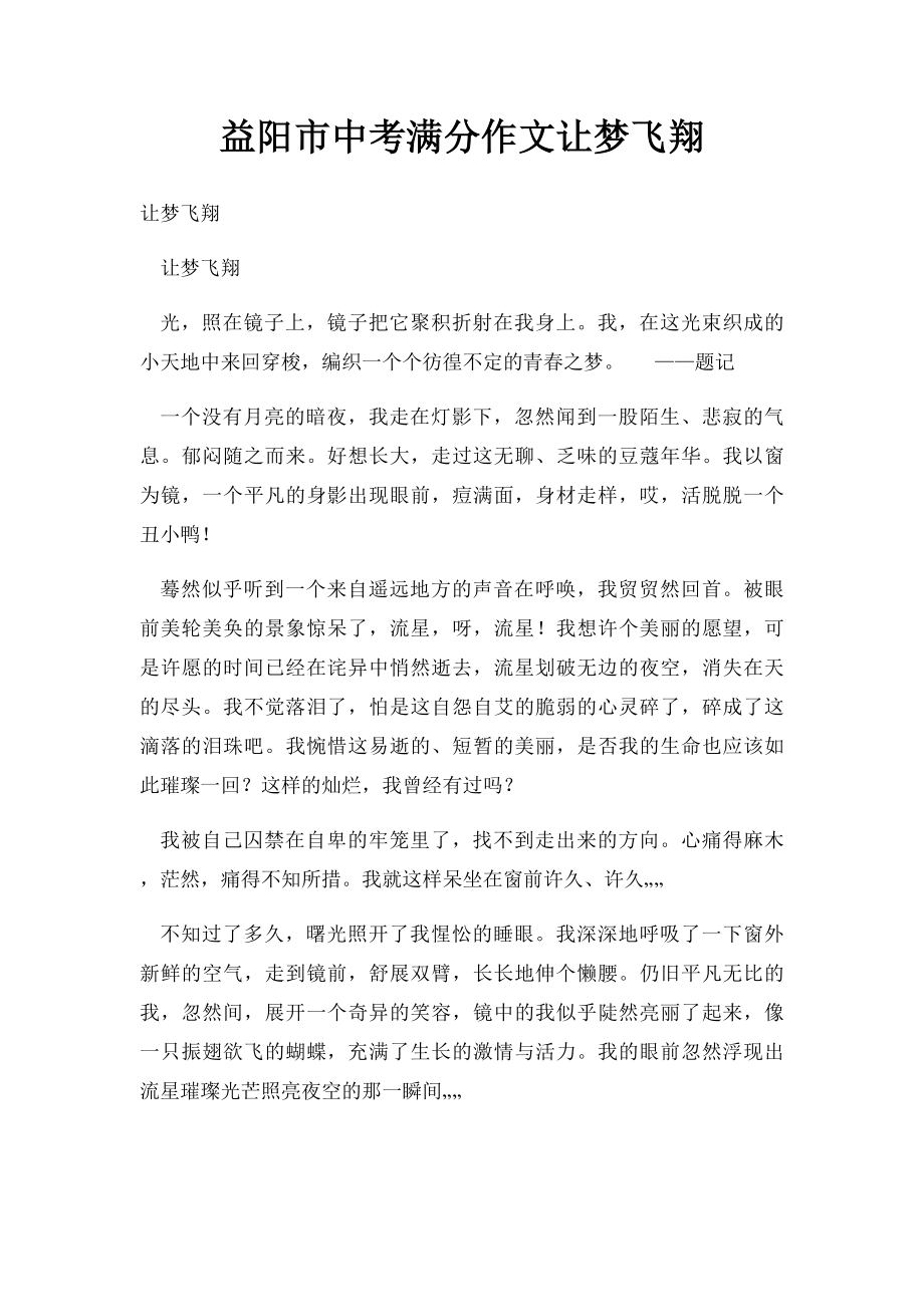 益阳市中考满分作文让梦飞翔(1).docx_第1页