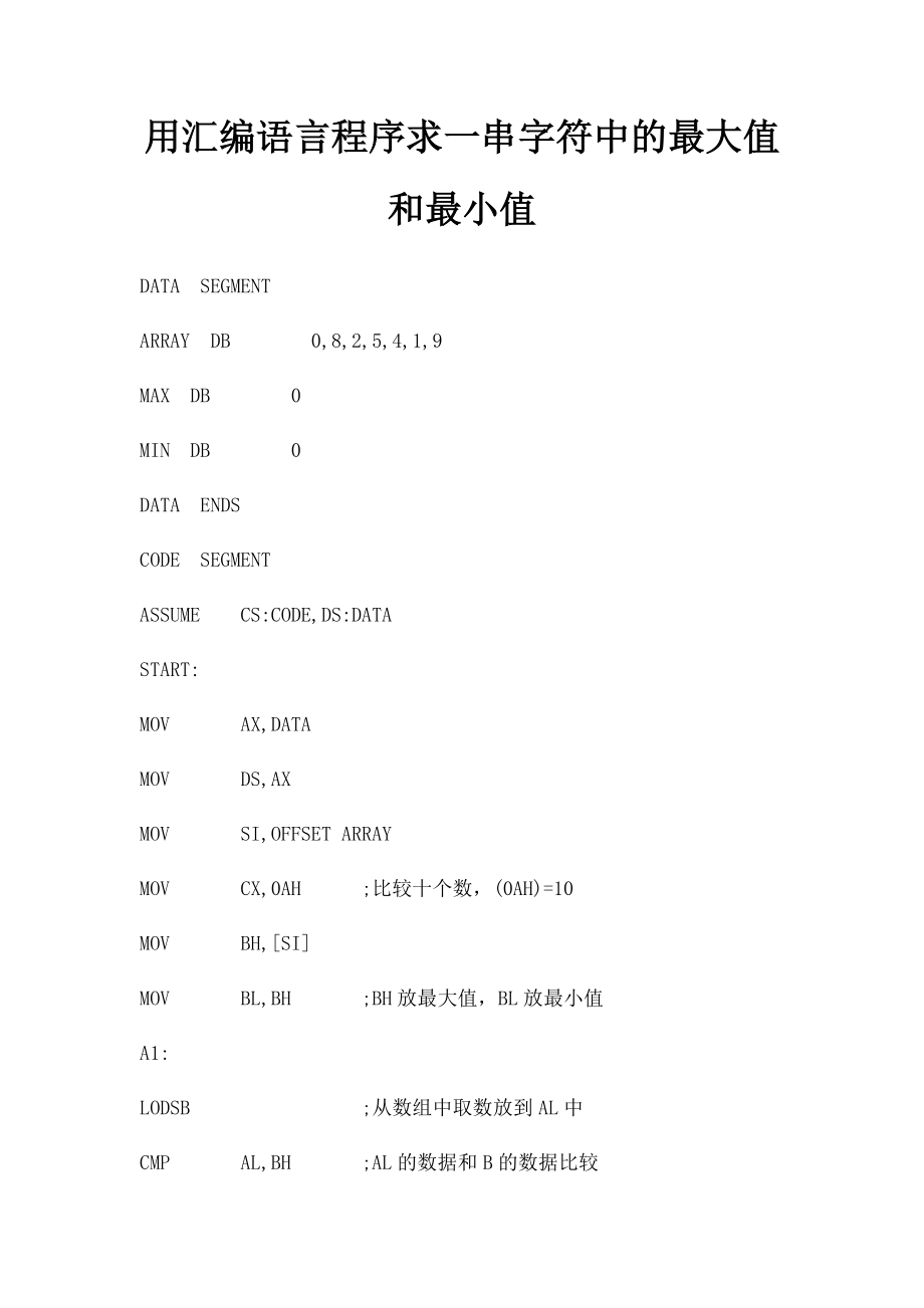 用汇编语言程序求一串字符中的最大值和最小值.docx_第1页