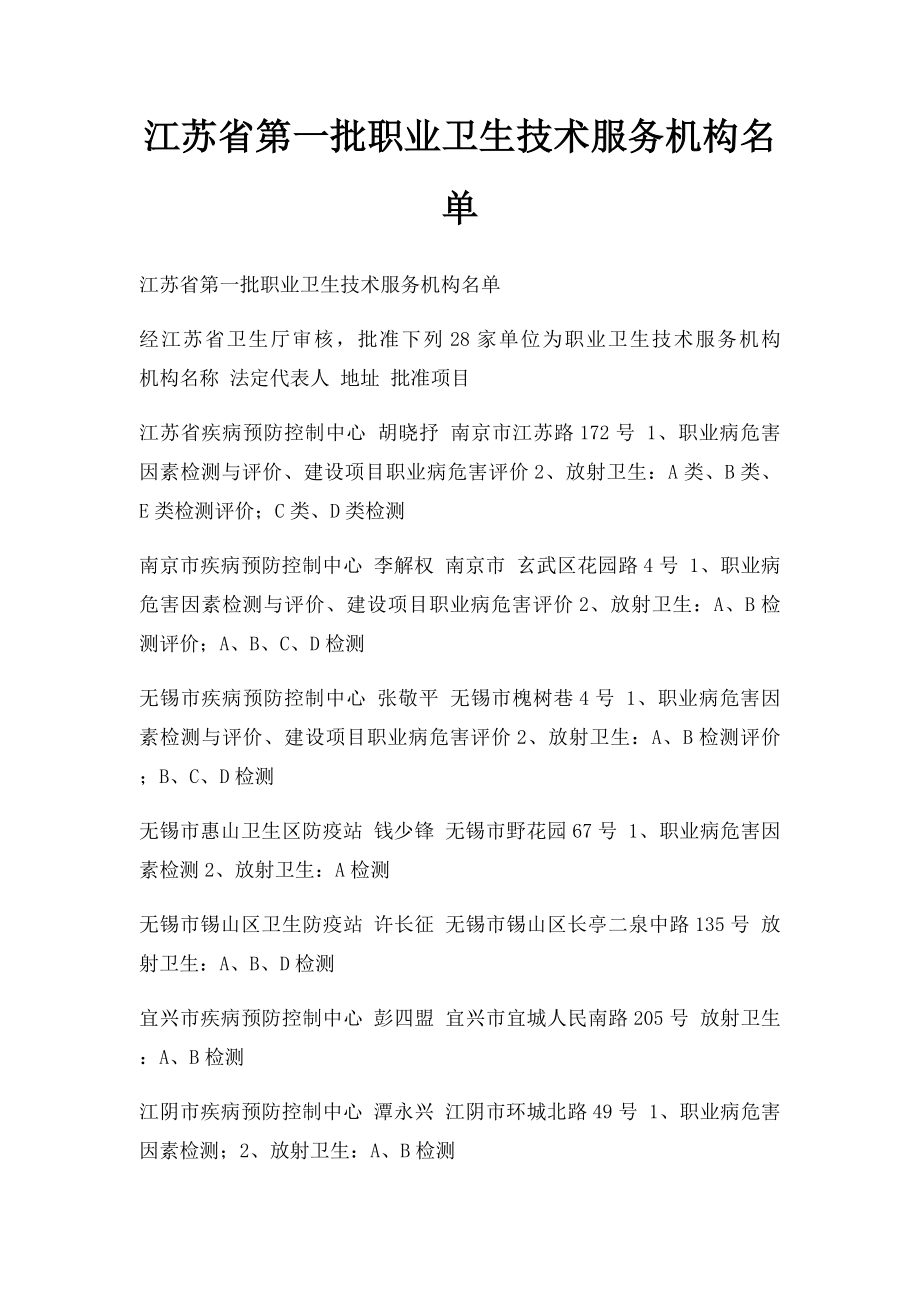 江苏省第一批职业卫生技术服务机构名单.docx_第1页