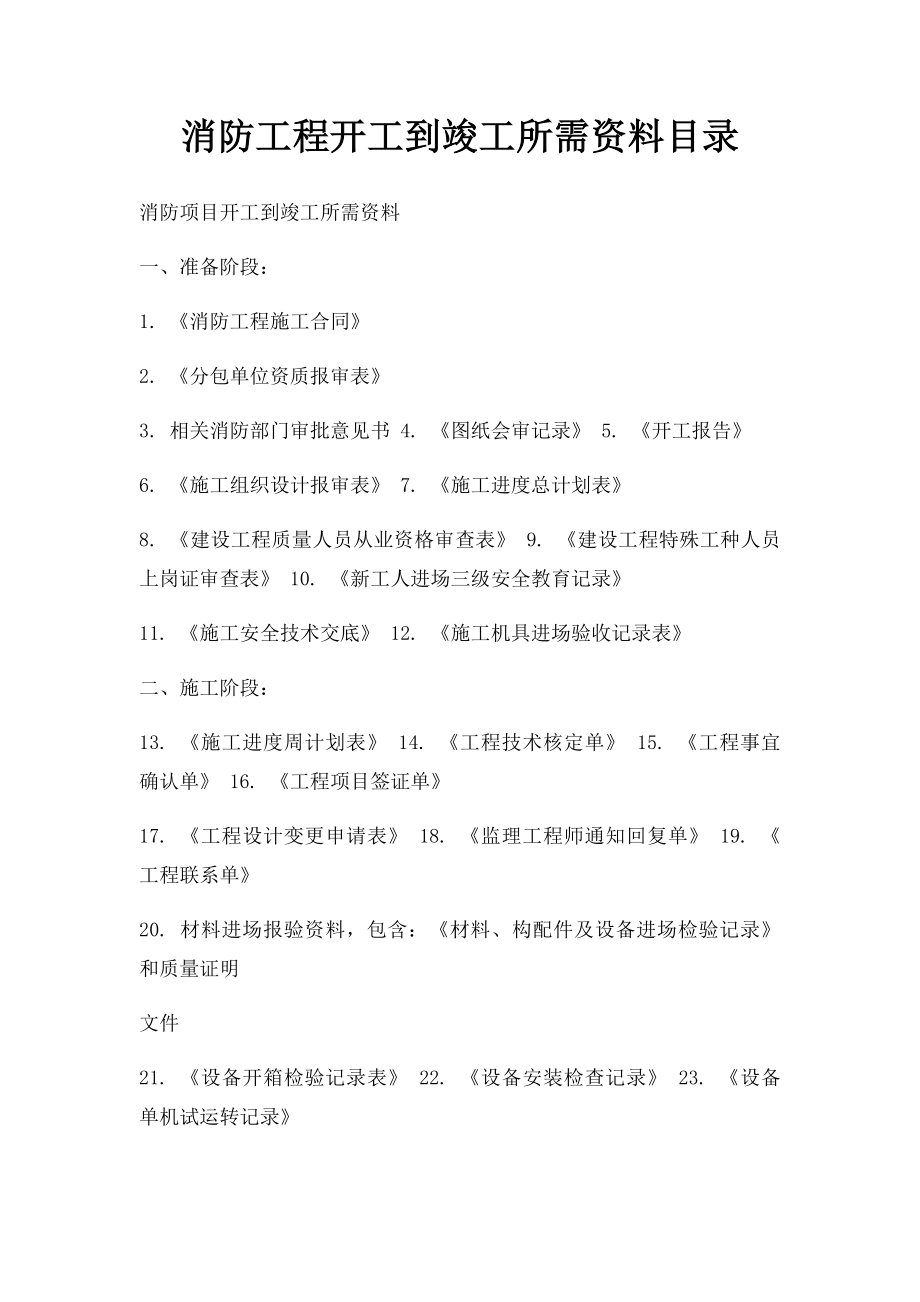 消防工程开工到竣工所需资料目录.docx_第1页