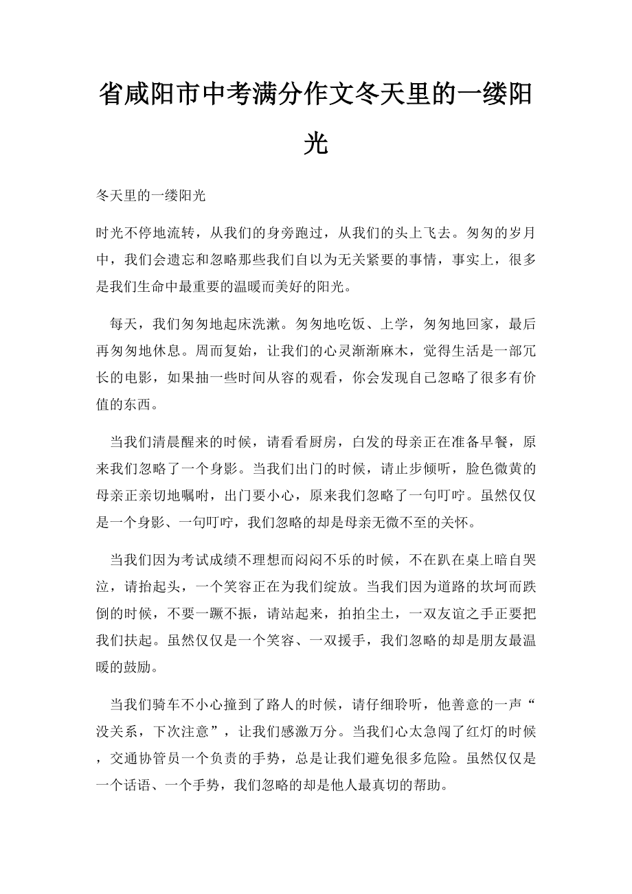 省咸阳市中考满分作文冬天里的一缕阳光.docx_第1页