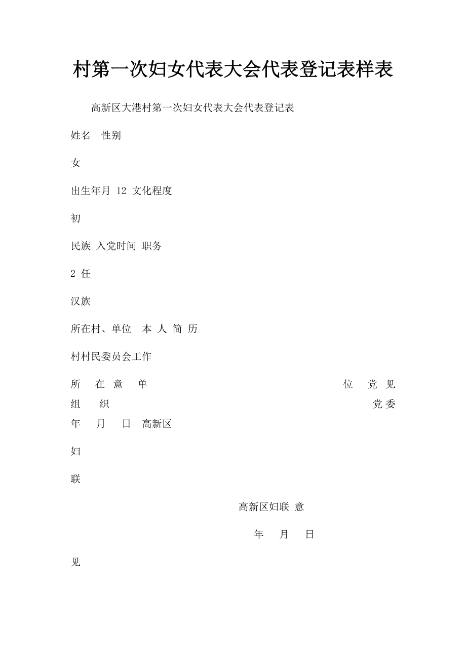 村第一次妇女代表大会代表登记表样表(2).docx_第1页