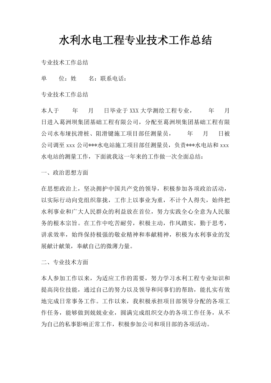 水利水电工程专业技术工作总结.docx_第1页