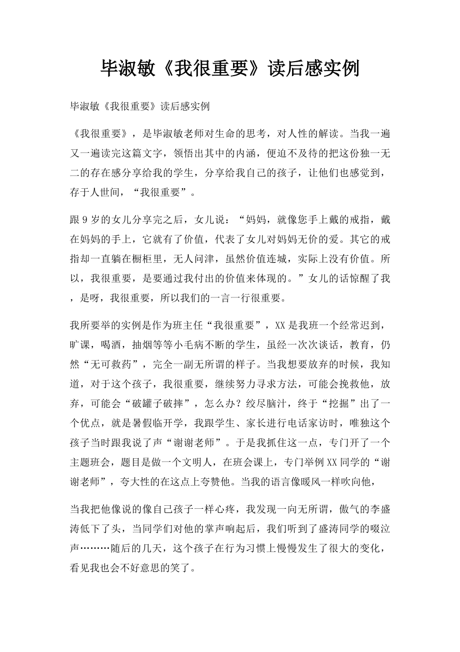 毕淑敏《我很重要》读后感实例.docx_第1页