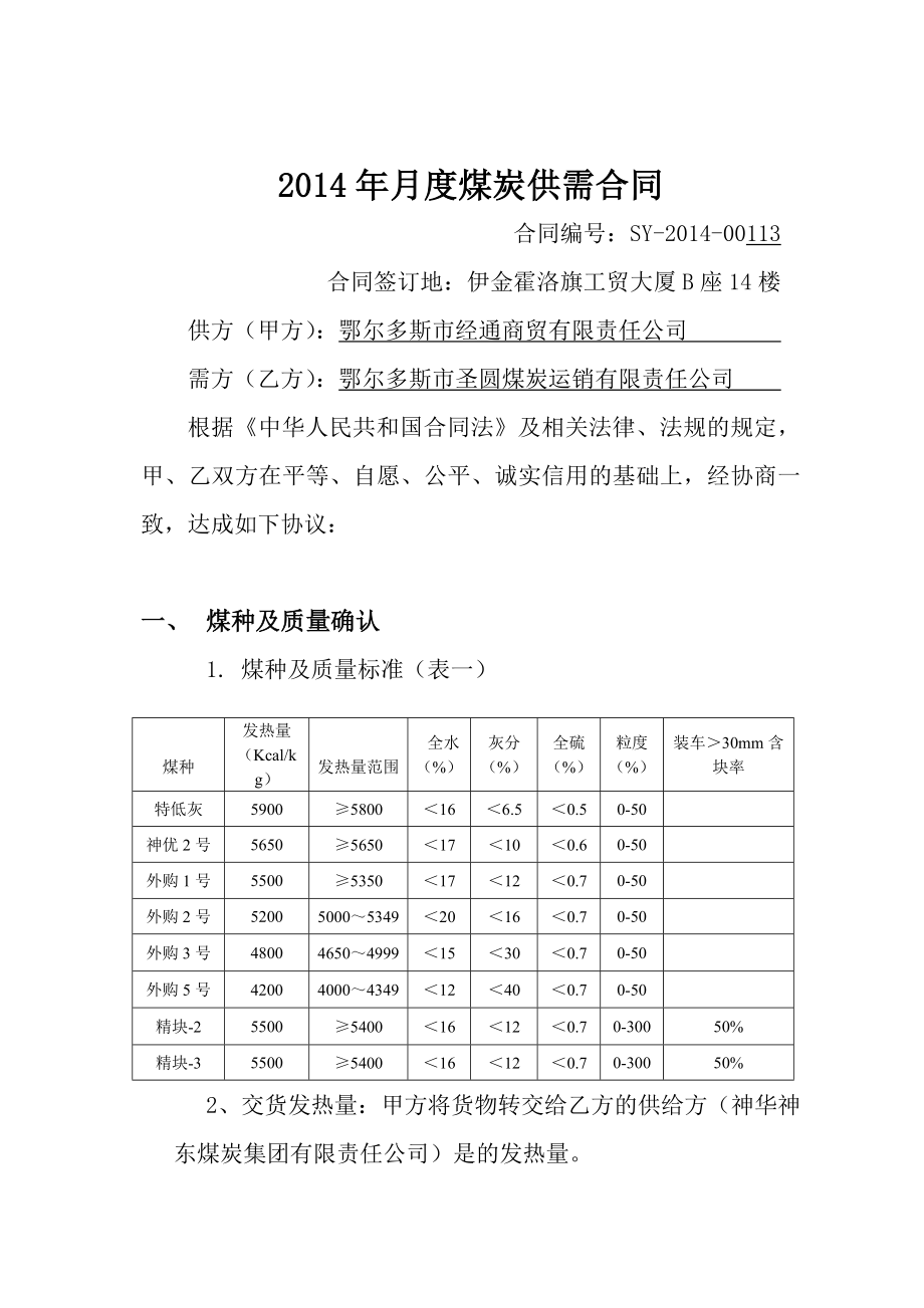 月度煤炭供需合同.doc_第1页